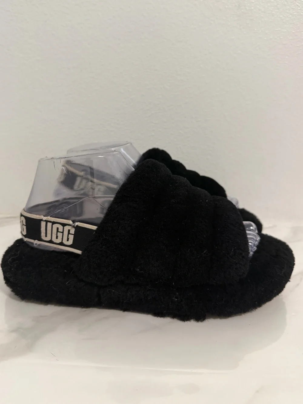 Ugg Fluff Yeah slide slippers black logo strap size 4